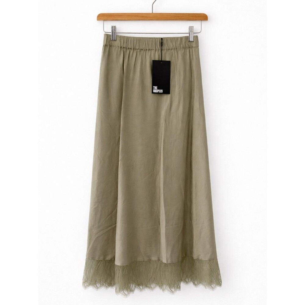 The Kooples Midi Skirt Size 0 Khaki Green Lace Trim Satin
Elastic Waist NWT